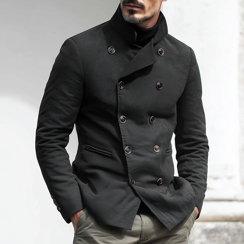 Men's Solid Corduroy Stand Collar Double Breasted Casual Jacket MTA1874H2Z