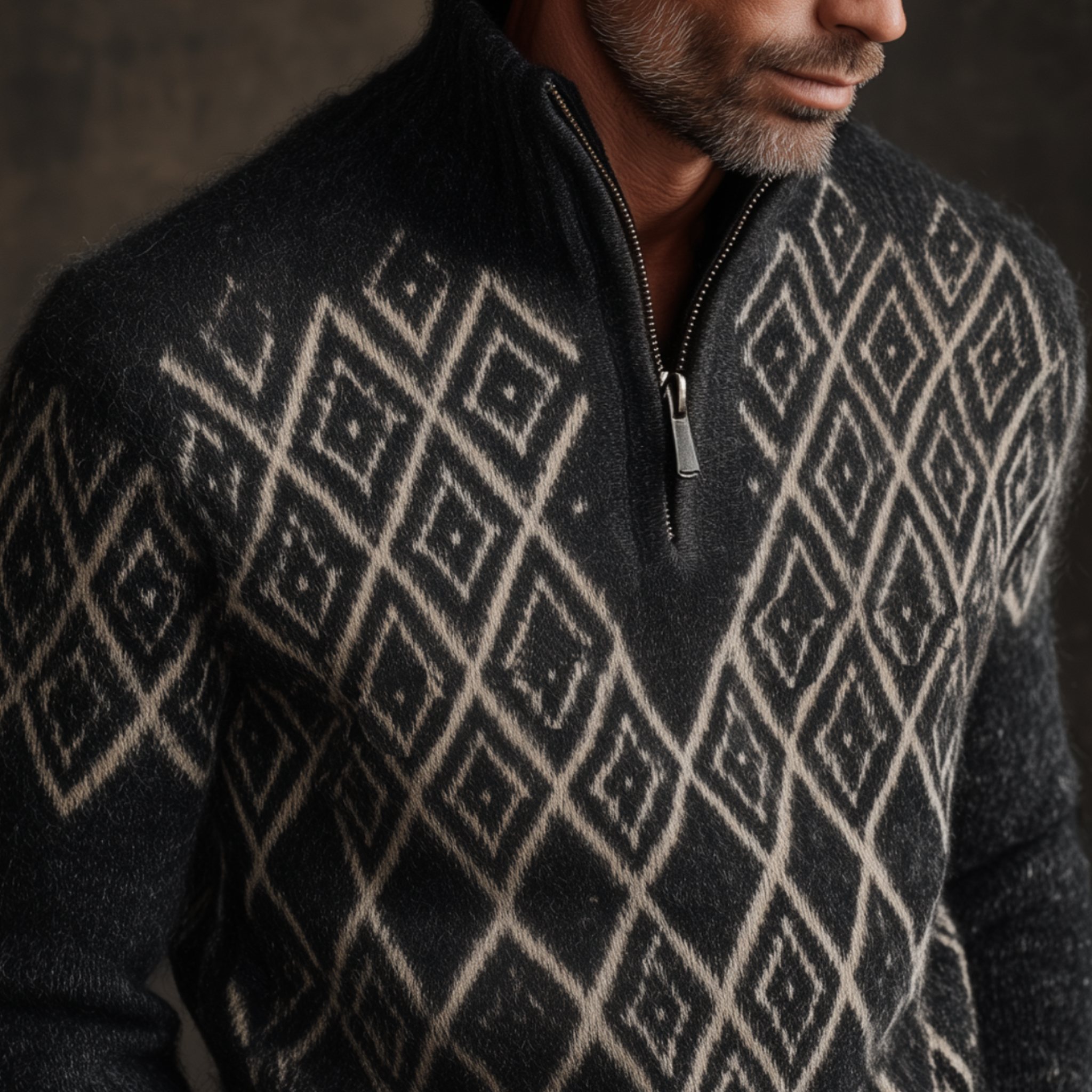 Men's Classic American Retro Stand Collar Zipper Jacquard Pattern Sweater MTA0417I8K