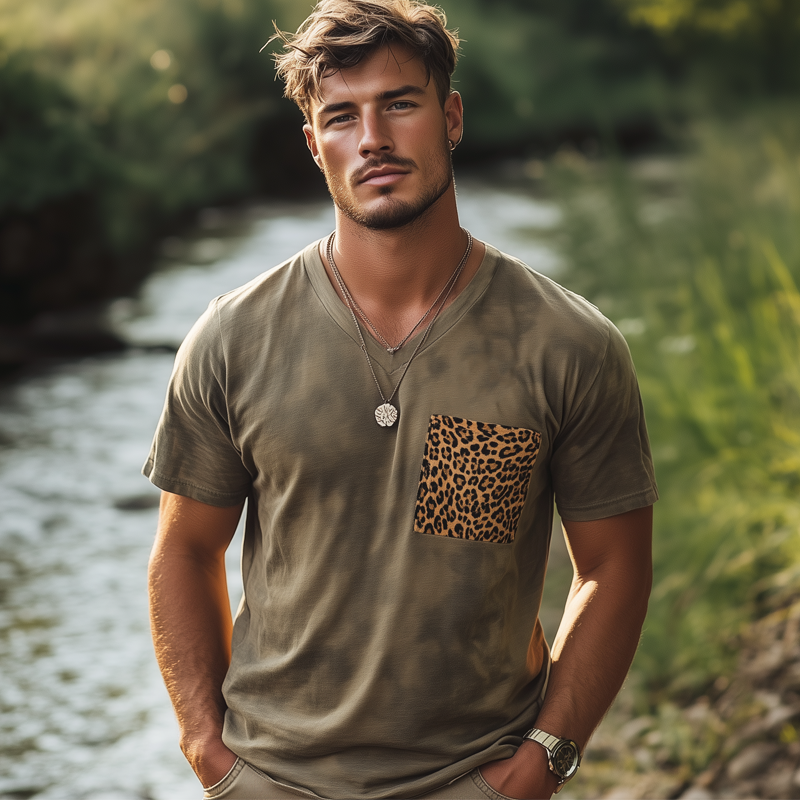 Herre retro V-hals leopardtrykk med lommesøm og korte ermer MTA2369F8U