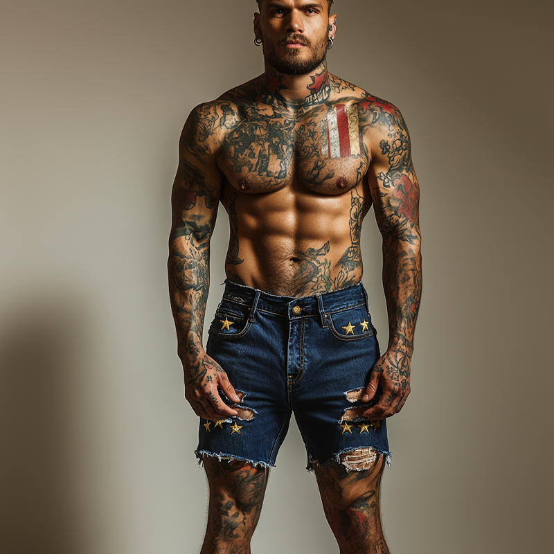 Men's Star Embroidered Ripped Denim Shorts MTA1732F0X