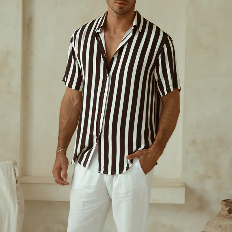 Men's Classic Casual Contrast Color Vertical Striped Cotton Blend Short Sleeve Shirt MTA1440G0K