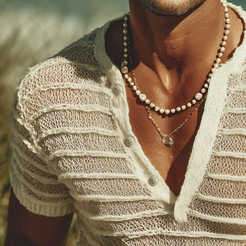 Men's Summer Fashion V-neck Striped Jacquard Knitted Short Sleeve T-shirt MTA0732G5U