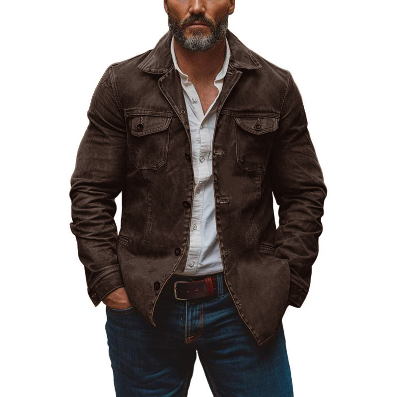 【Spedizione in 24 ore】Giacca da lavoro monopetto multitasche in pelle lavata pesante vintage da uomo 23094806M