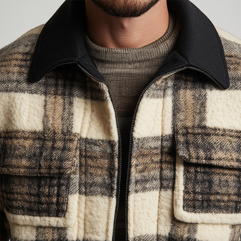 Men's Winter Retro Plaid Print Fleece Collar Jacket MTA1790K2P