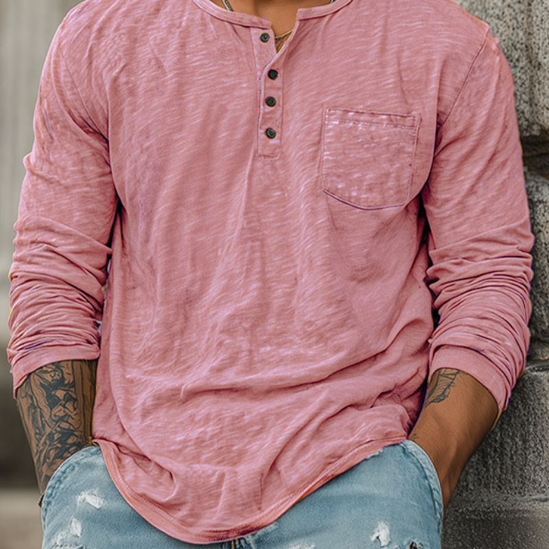 Men's Spring And Summer Casual Tough Style Henry Collar Bamboo Cotton Long Sleeve T-Shirt MTA1676G2K