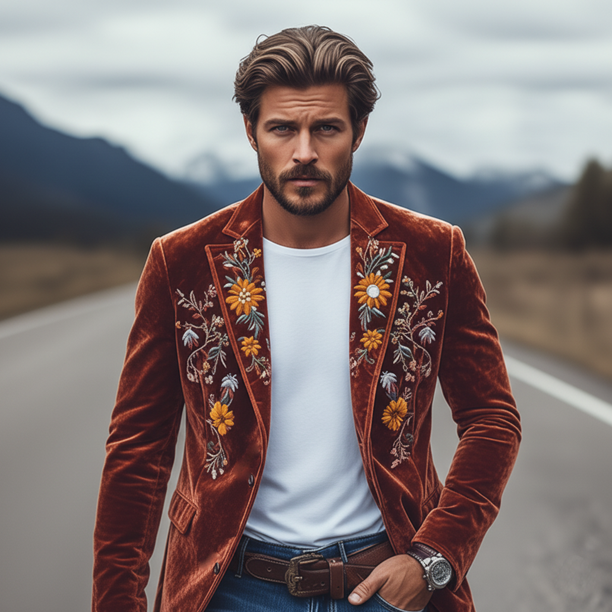 Klassisk retro Slim Fit enkeltspent fløyelsbrodert blazer for menn 43171298K