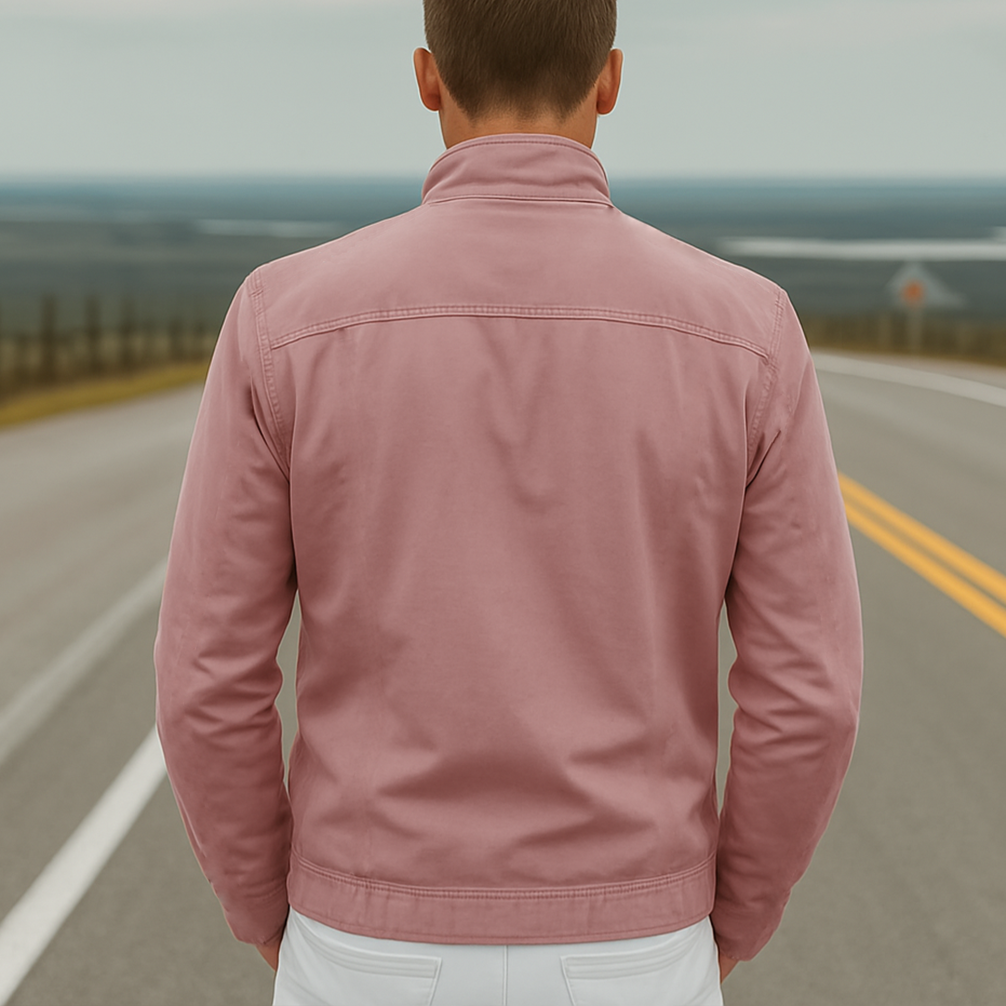 Men's Classic Casual Stand Collar Pink Cotton Blend Zip-Up Jacket MTA1080I6K