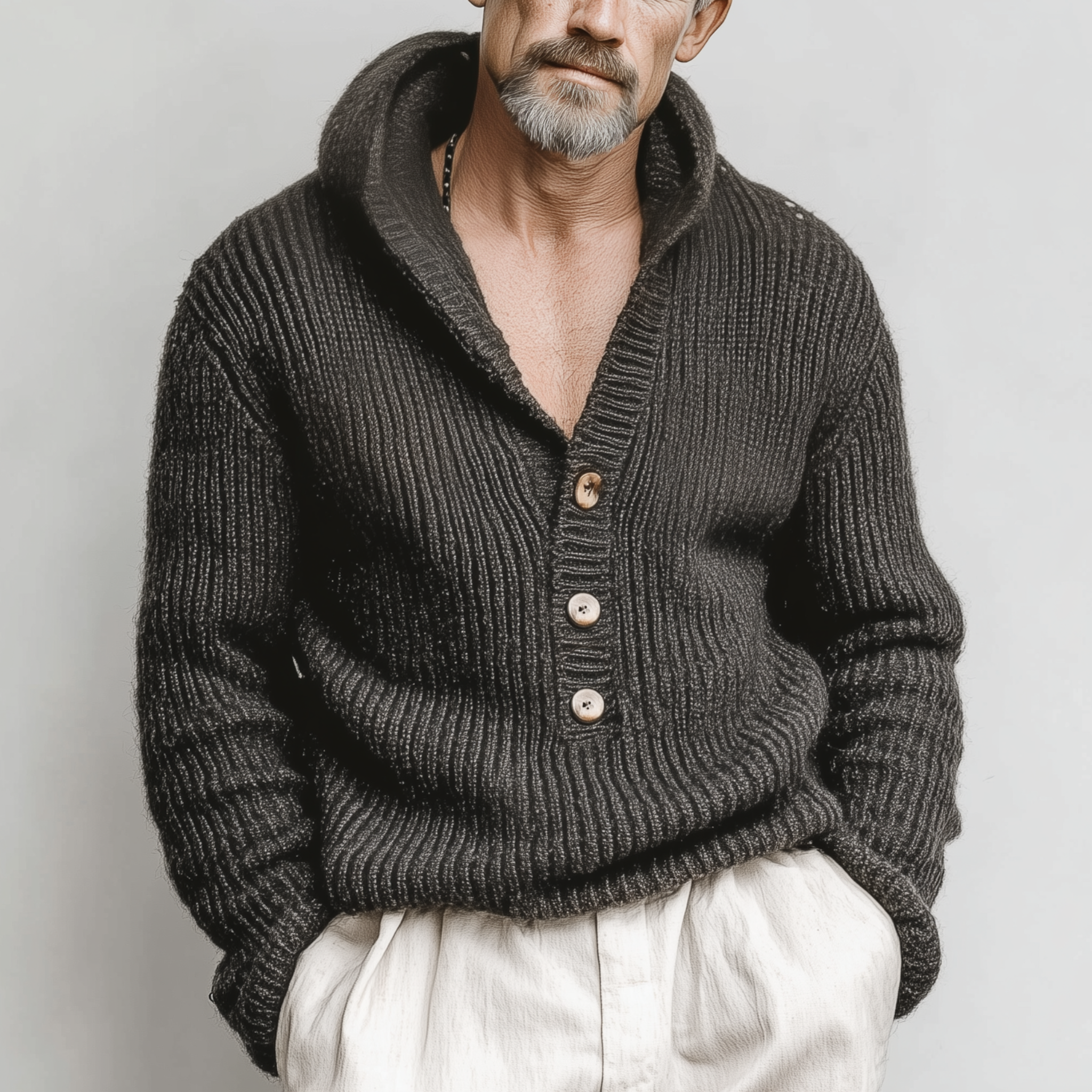 Men's Classic Casual Hooded Henley Collar Loose Sweater MTA2832I6K