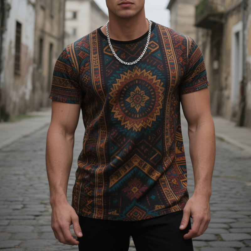 Men's Retro Casual Ethnic Style Geometric Printed Round Neck Short Sleeve T-Shirt MTA1687E3TO