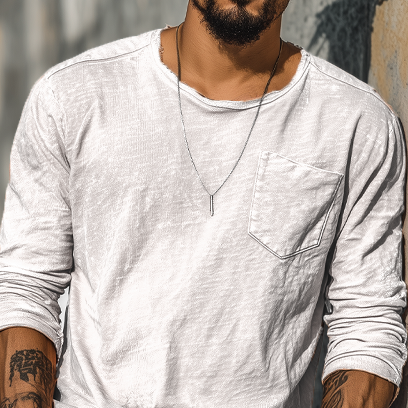 Men's Spring And Summer Casual Tough Guy Style Round Neck Raw Edge Bamboo Cotton Long Sleeve T-shirt MTA1664G4K