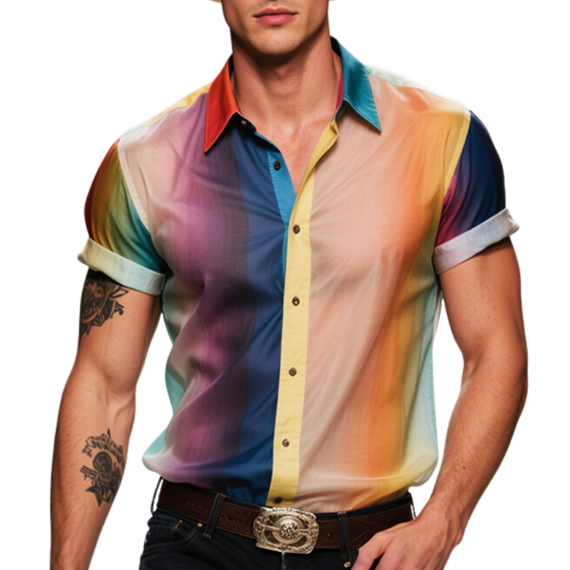 Men's Retro Casual Neon Gradient Printed Mesh Lapel Short Sleeve Shirt MTA2220E6TO