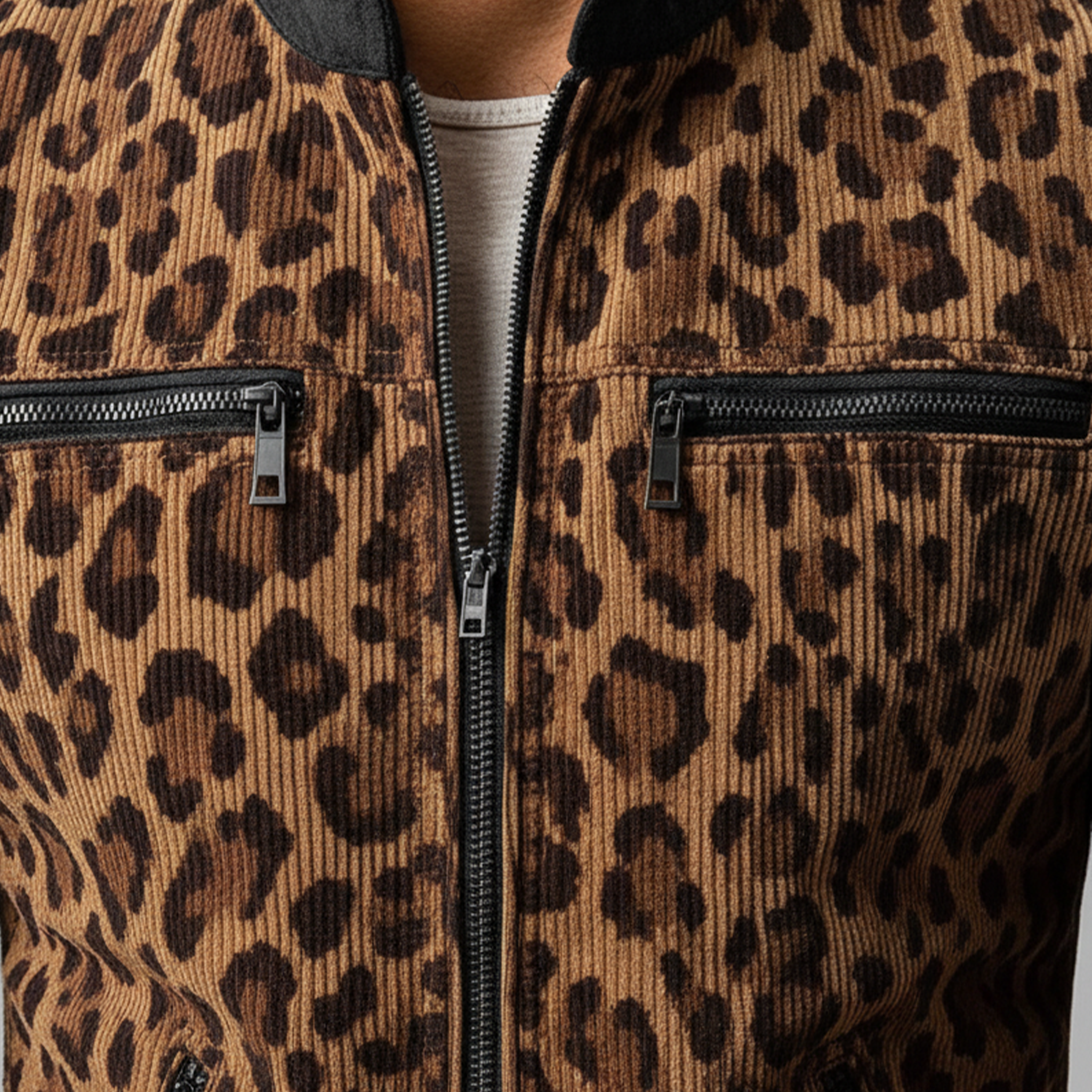 Men's Classic Retro Stand Collar Leopard Print Corduroy Patchwork Faux Suede Zipper Jacket MTA2545J7K