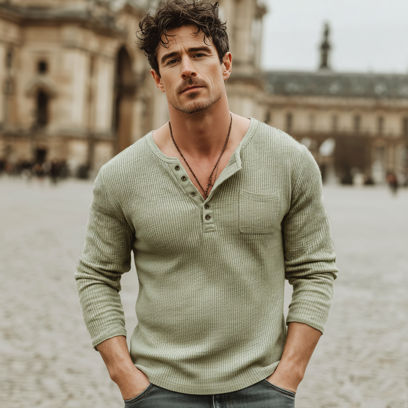 Men's Urban Light Green Ribbed Knit Casual Henley Shirt MTZ2045A5U