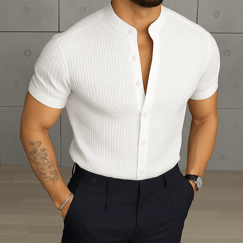Men's Retro Casual Solid Color Waffle Stand Collar Short Sleeve Shirt MTA1082G1TO