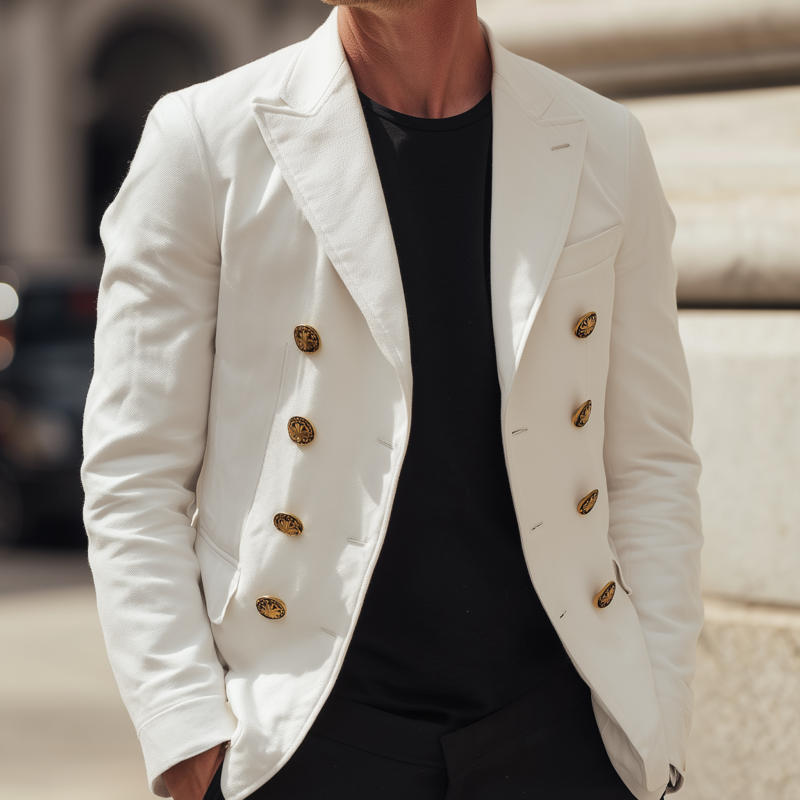 Men's Casual Solid Color Breathable Twill Cotton Peaked Lapel Double-breasted Slim-fit Blazer MTA2905G7M