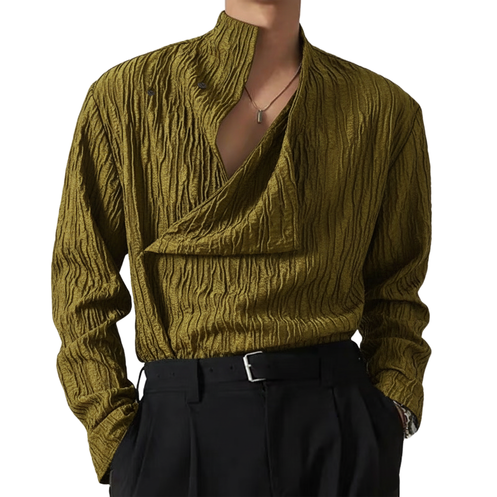 Men's Classic And Stylish Asymmetrical Design Wrinkled Blended Fabric Long-sleeved Shirt MTA3047L6K