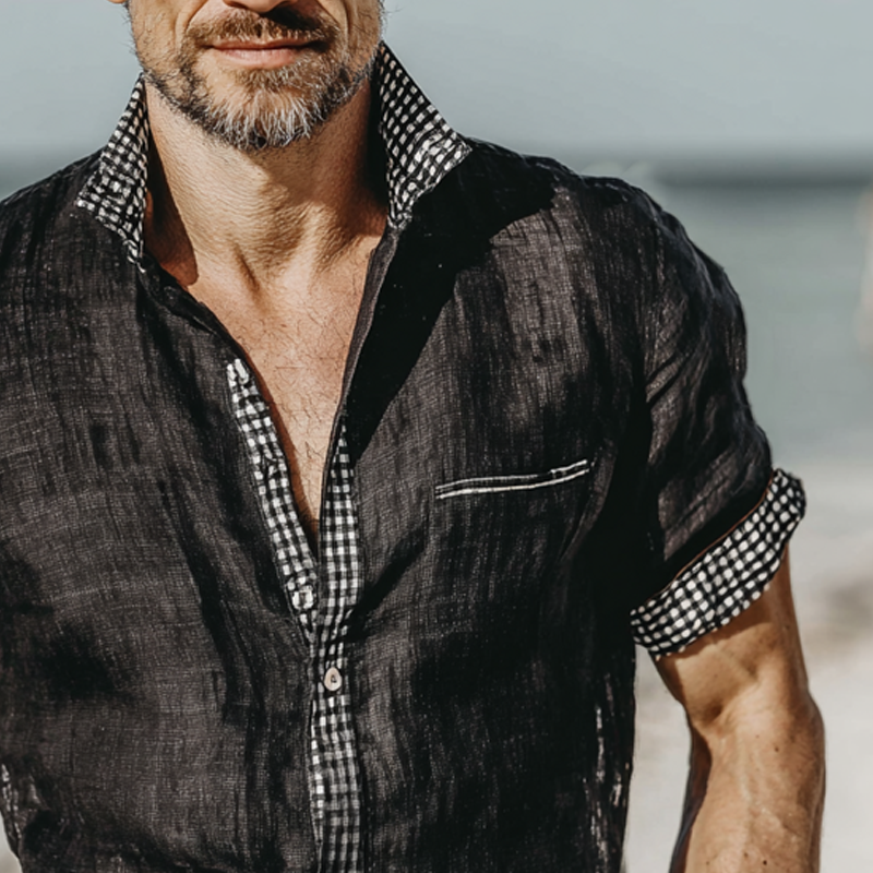 Men's Plaid Cotton And Linen Short Sleeve Shirt MTA1547G4X