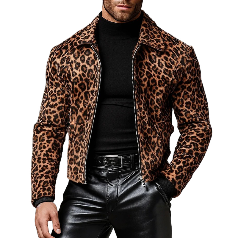 Men's Retro Casual Faux Suede Leopard Print Lapel Zip-Up Jacket MTA1173K6TO