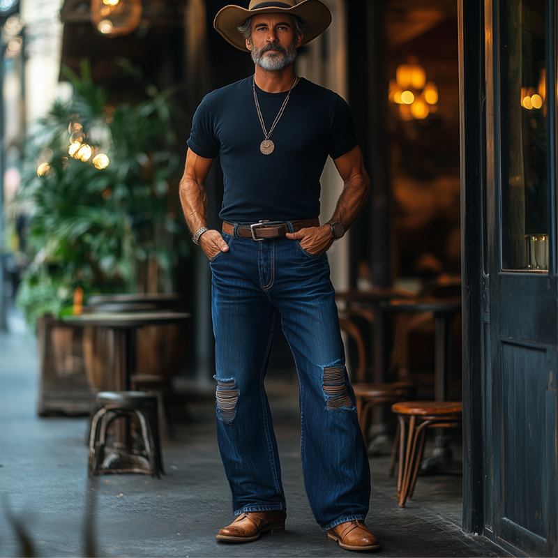 Herrejeans i western cowboy-stil med revnede baggy-bukser MTA1377F1U