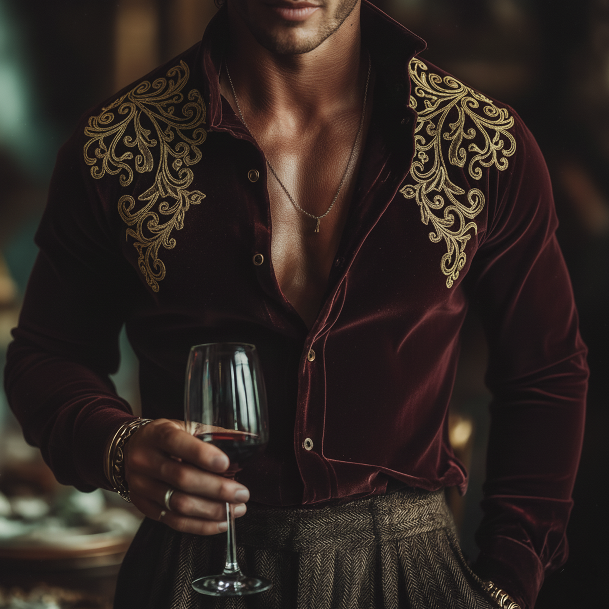 Men's Classic Retro Stand-collar Embroidered Faux Velvet Long-sleeved Shirt MTA0533L6K