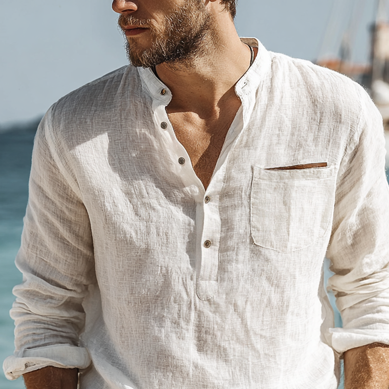 Men's Solid Color Cotton And Linen Henley Collar Long Sleeve Shirt MTA1026G7Z