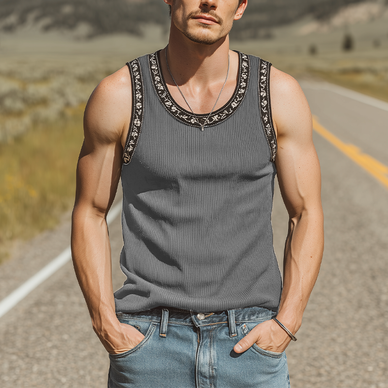 Men's Spring And Summer Fashion Casual Striped Texture Fabric Embroidery U-neck Slim Tank Top MTA1113G0K