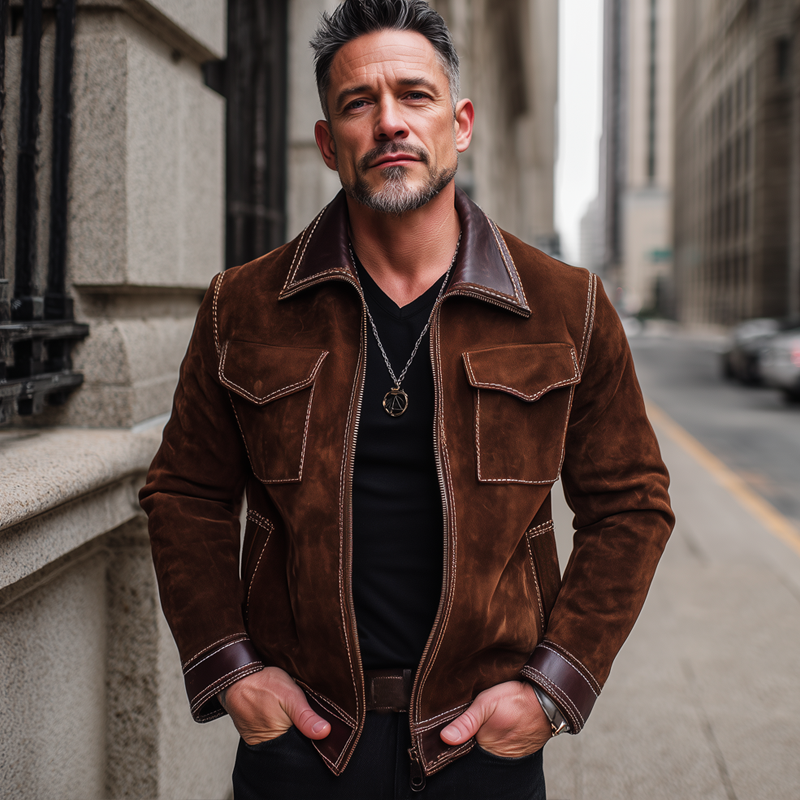 Men's Classic Suede And PU Leather Zip-up Jacket MTA0321I5U