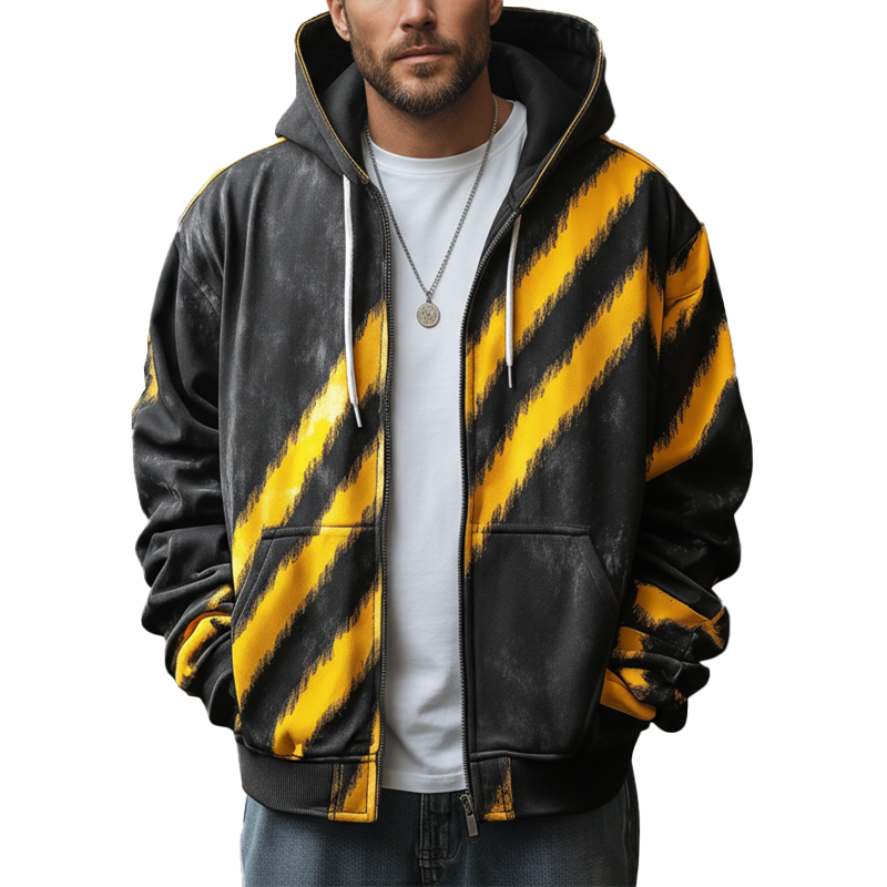 Men's Retro Distressed Color Block Printed Cotton Blend Hooded Cardigan MTA0341K7P