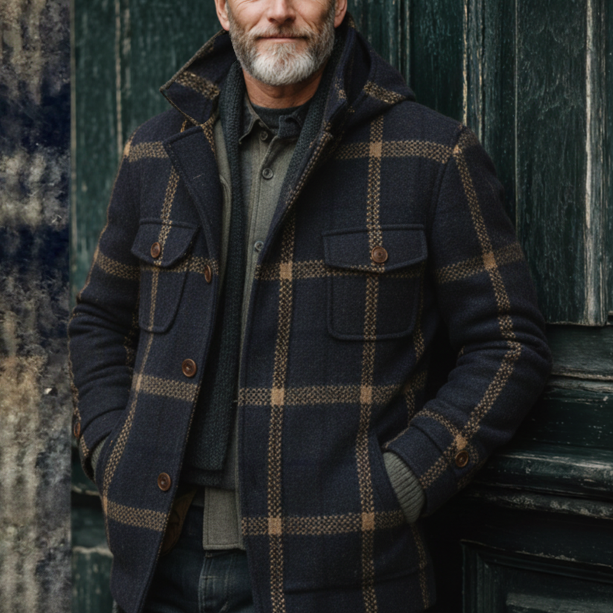 Men's Classic Retro Faux Plaid Wool Stand Collar Hooded Multi-Pocket Jacket MTA3033I3K