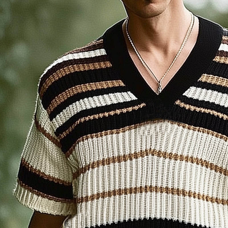 Men's Summer Loose V-Neck Colorblock Line Knitted Short-Sleeved T-Shirt MTA2192E8U