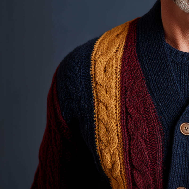 Men's Autumn And Winter Retro Color-Contrast Twist Pattern Knitted Cardigan MTA0894I8P