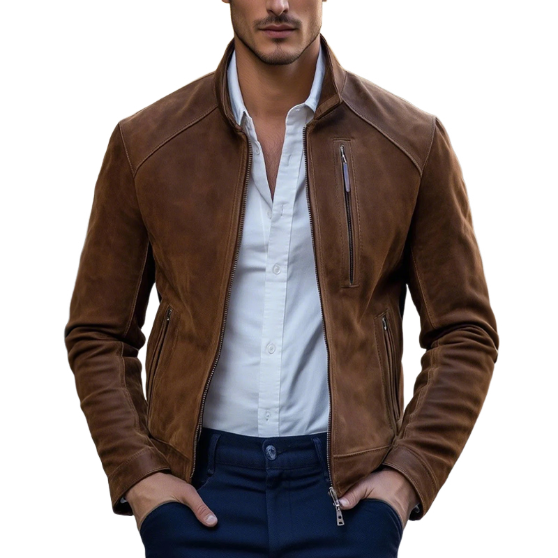 Men's Faux Suede Stand Collar Multi-Pocket Zipper Casual Jacket MTA0567I7Z