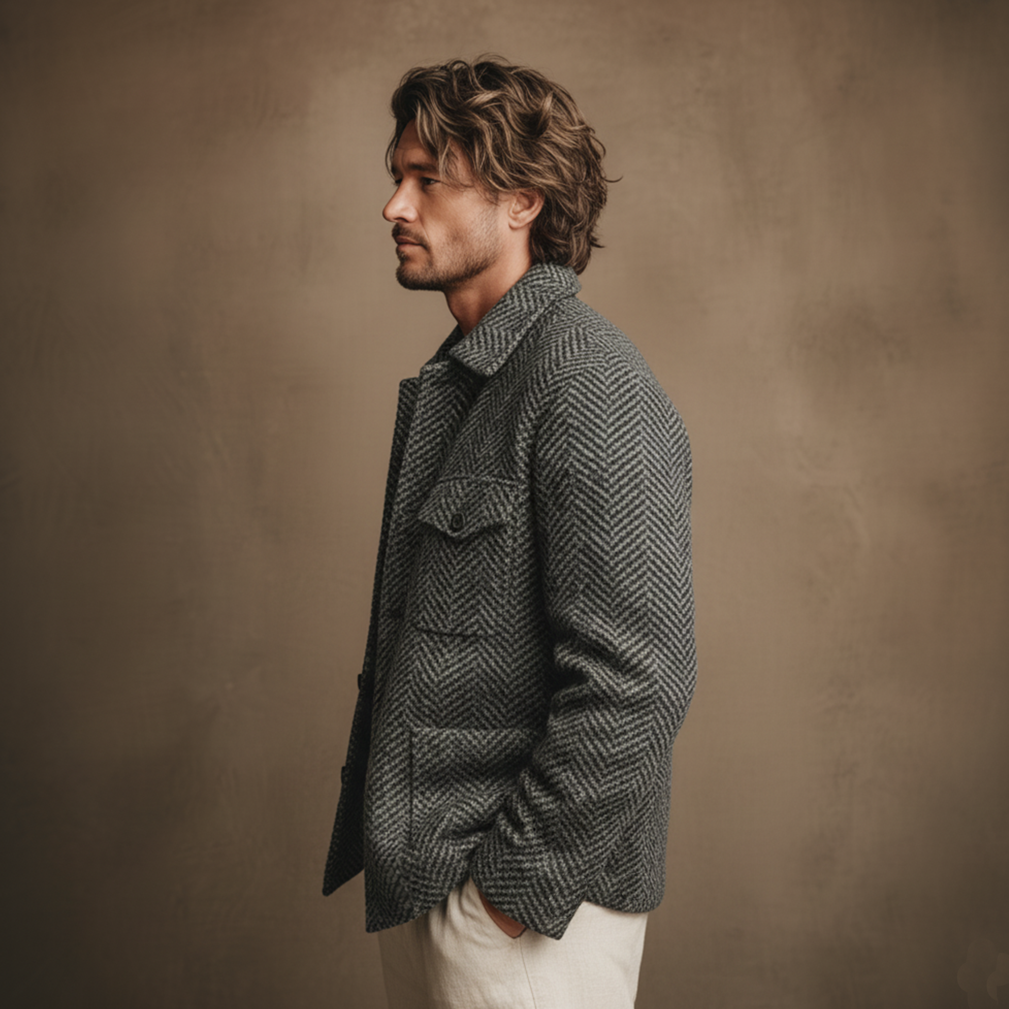 Men's Classic Light Business Faux Herringbone Pattern Wool Lapel Multi-pocket Jacket MTA1055J8K