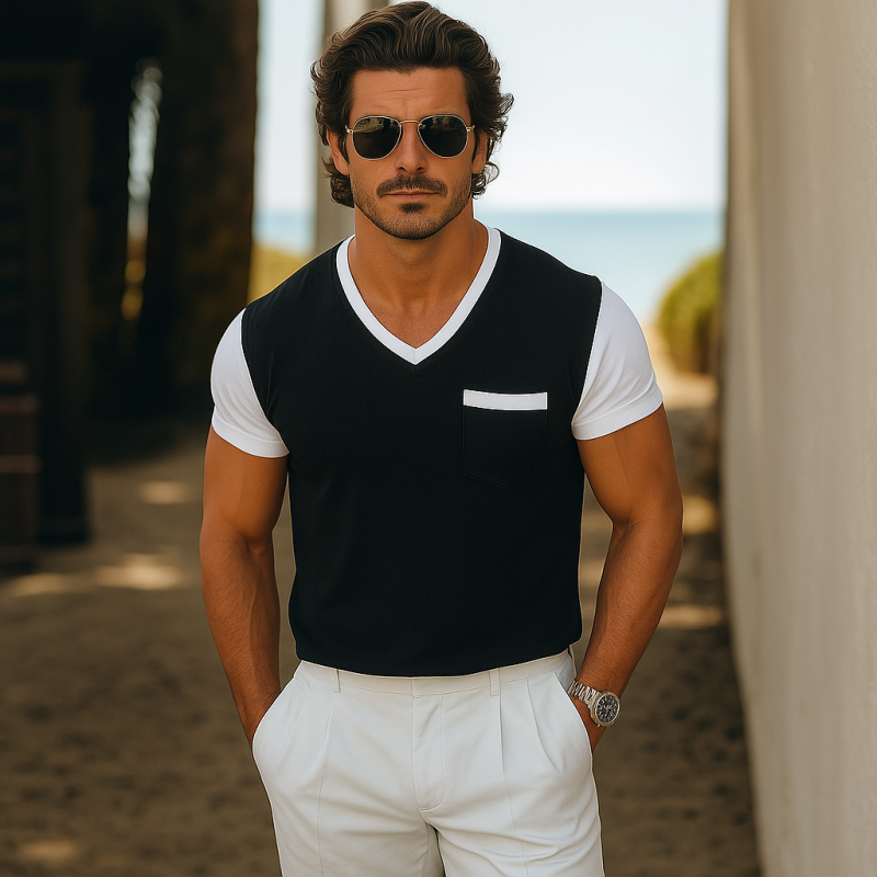 Men's Casual Breathable Cotton Colorblock V-neck Patch Pocket Slim Fit Short-sleeved T-shirt MTA0183G3M