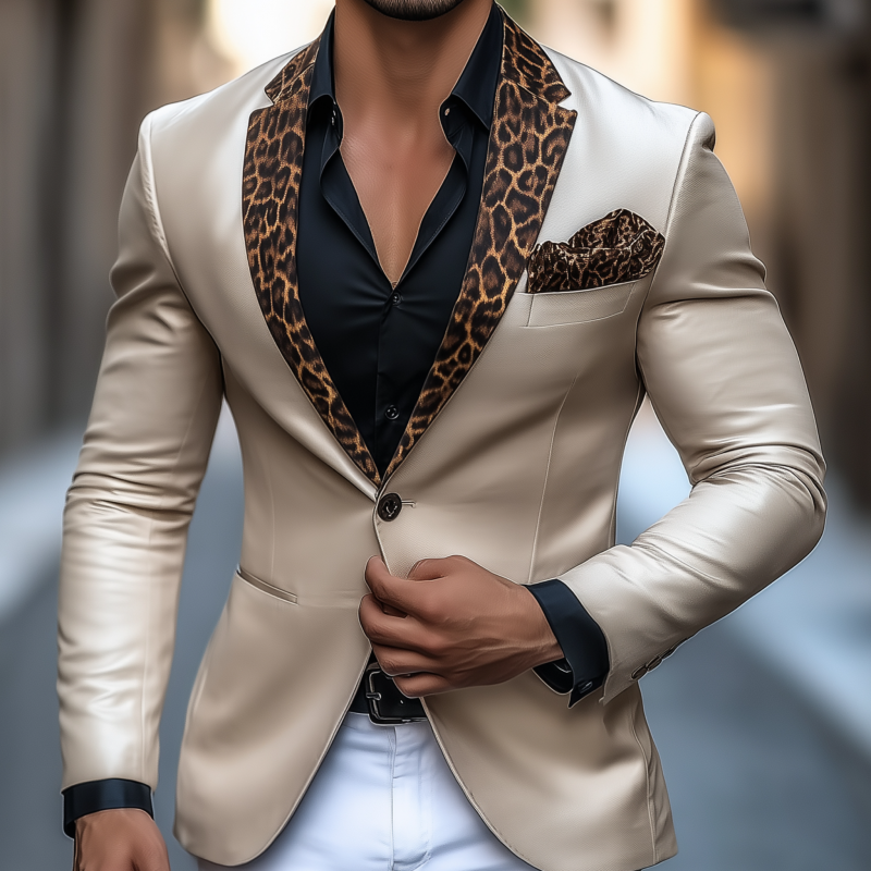 Men's Stylish Elegant Leopard Print Satin Patchwork Notch Lapel Single-breasted Slim-fit Blazer MTA0861H3M