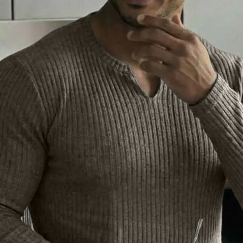 Men's Retro Casual Solid Color Ribbed V-Neck Long Sleeve T-Shirt MTZ1154B0TO