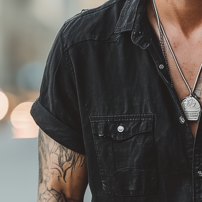 Men's Summer Fashion Washed Denim Short Sleeve Shirt MTA1404G3P