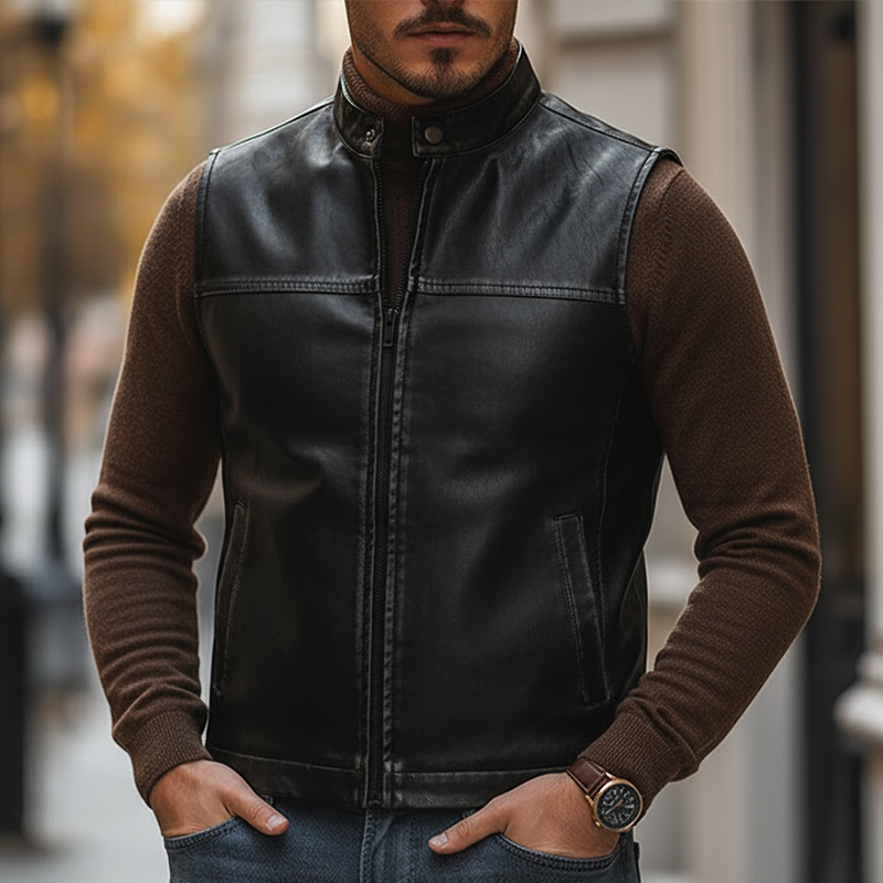 Men's Retro Distressed PU Faux Leather Zipper Sleeveless Vest MTA2363L2P