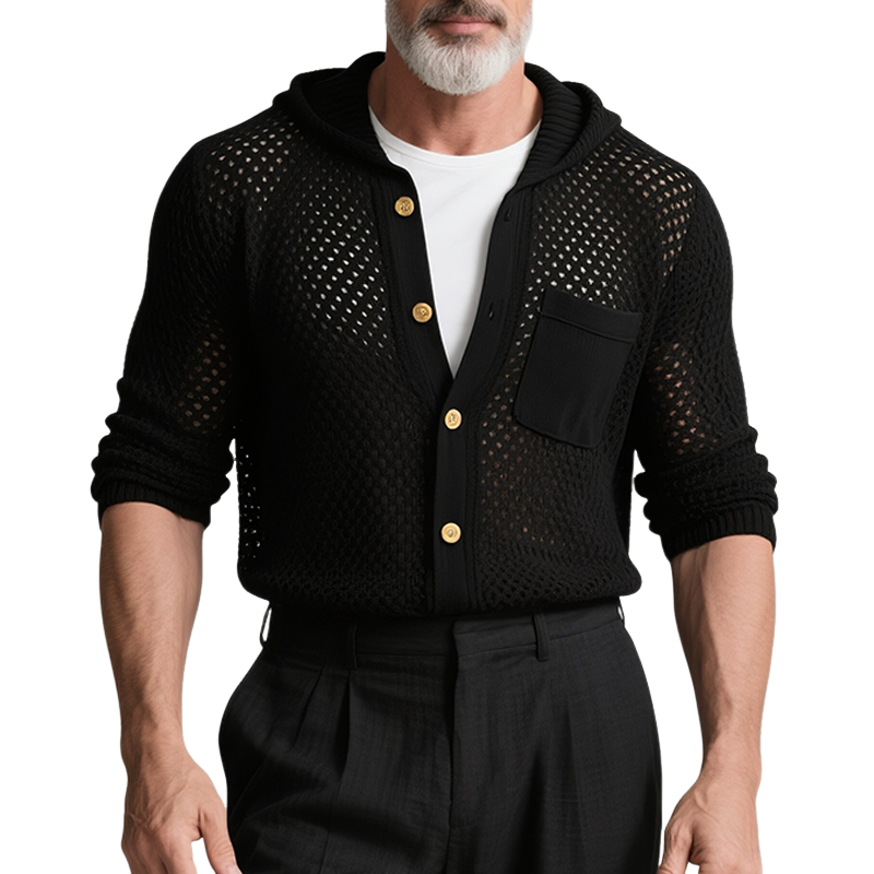Men's Retro Casual Solid Color Knitted Hollow Hooded Long Sleeve Shirt MTA2707F9TO