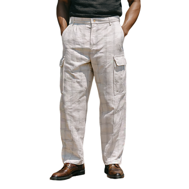 Men's Retro Casual Plaid Print Pocket Pants MTA3150G7TO