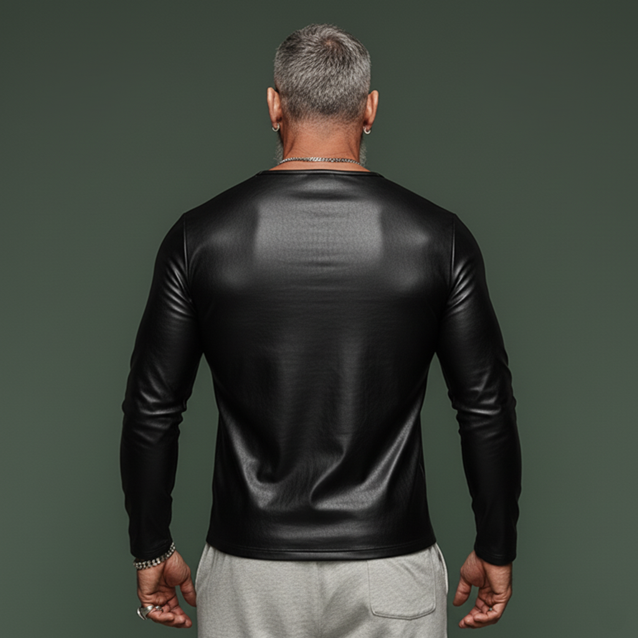 Men's Classic Casual V-Neck Slim Fit PU Leather Long-Sleeve T-Shirt MTA2595K9K