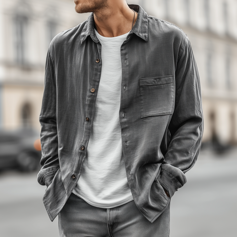 Men's Casual Solid Color Breathable Tencel Blended Lapel Patch Pocket Loose Long Sleeve Shirt MTA1707G6M