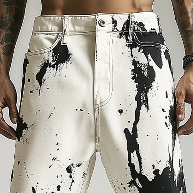 Men's Spring And Summer Fashion Casual Personality Washed Denim Ink-splashed Hem Shorts MTA2336F1K