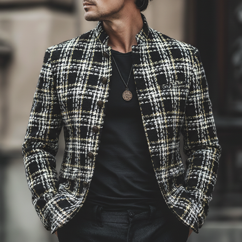 Men's Retro Elegant Tweed Plaid Stand Collar Jacket MTA1108L5U