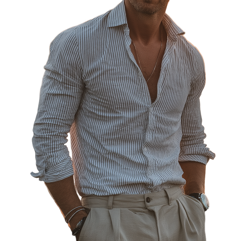 Men's Retro Casual Striped Lapel Long-Sleeve Shirt MTZ0575A9TO