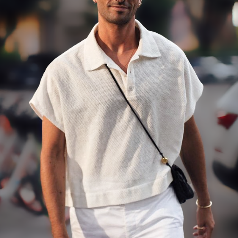 Men's Fashion Solid Lapel Dropped Shoulder Sleeve Casual Polo Shirt MTA1426E0Z