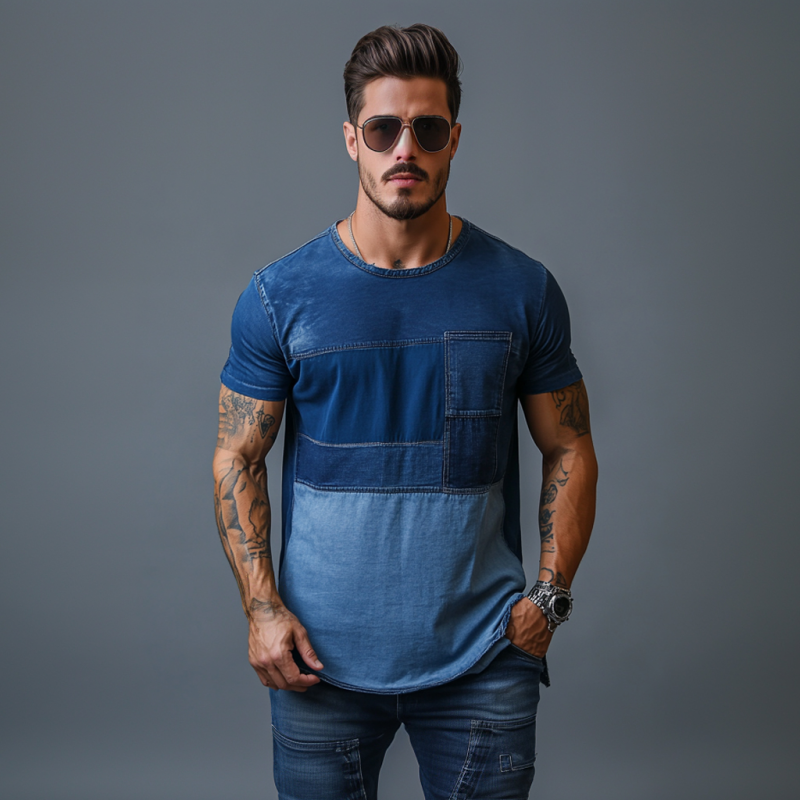 Men's Casual Washed Distressed Colorblock Patchwork Round Neck Loose Denim Short-sleeved T-shirt MTA1538E8M