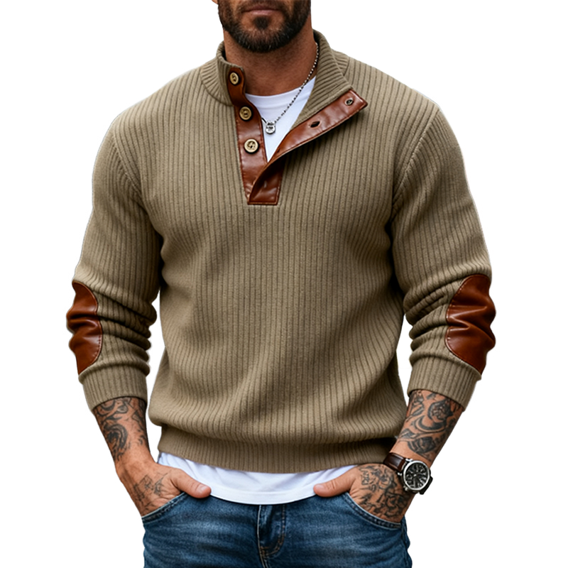 Men's Knitted PU Stand-up Collar Half-high Collar Sweater MTA2533J0X