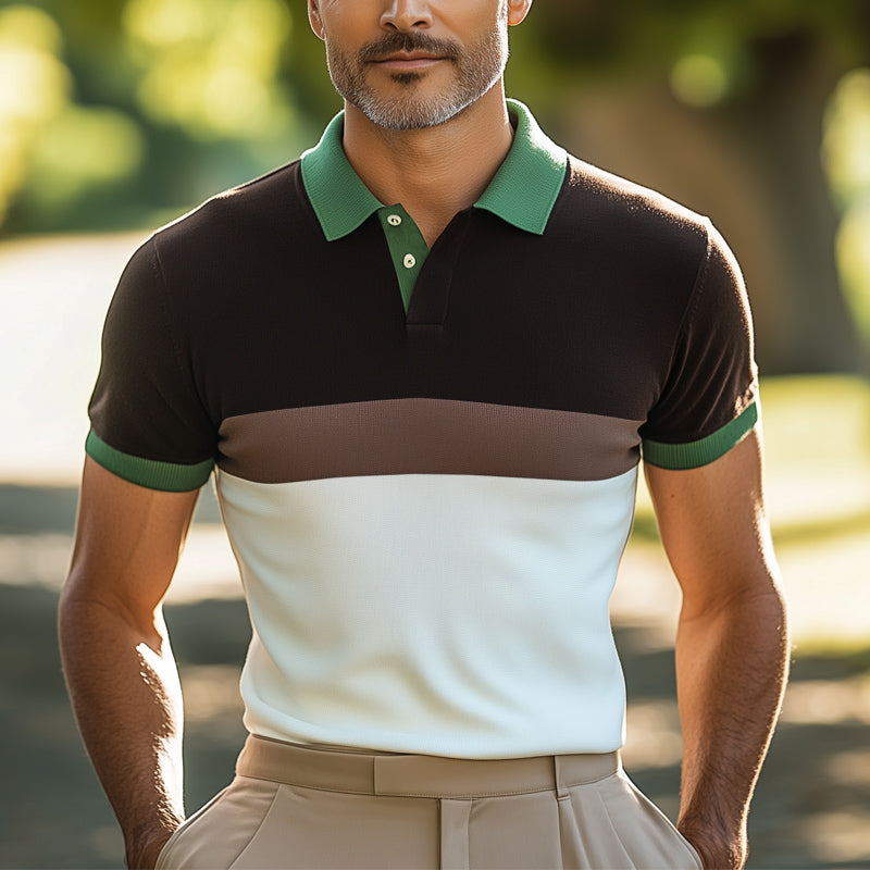 Men's Summer Classic Colorblock Polo Neck Knitted Short Sleeve T-Shirt MTA2419E5U