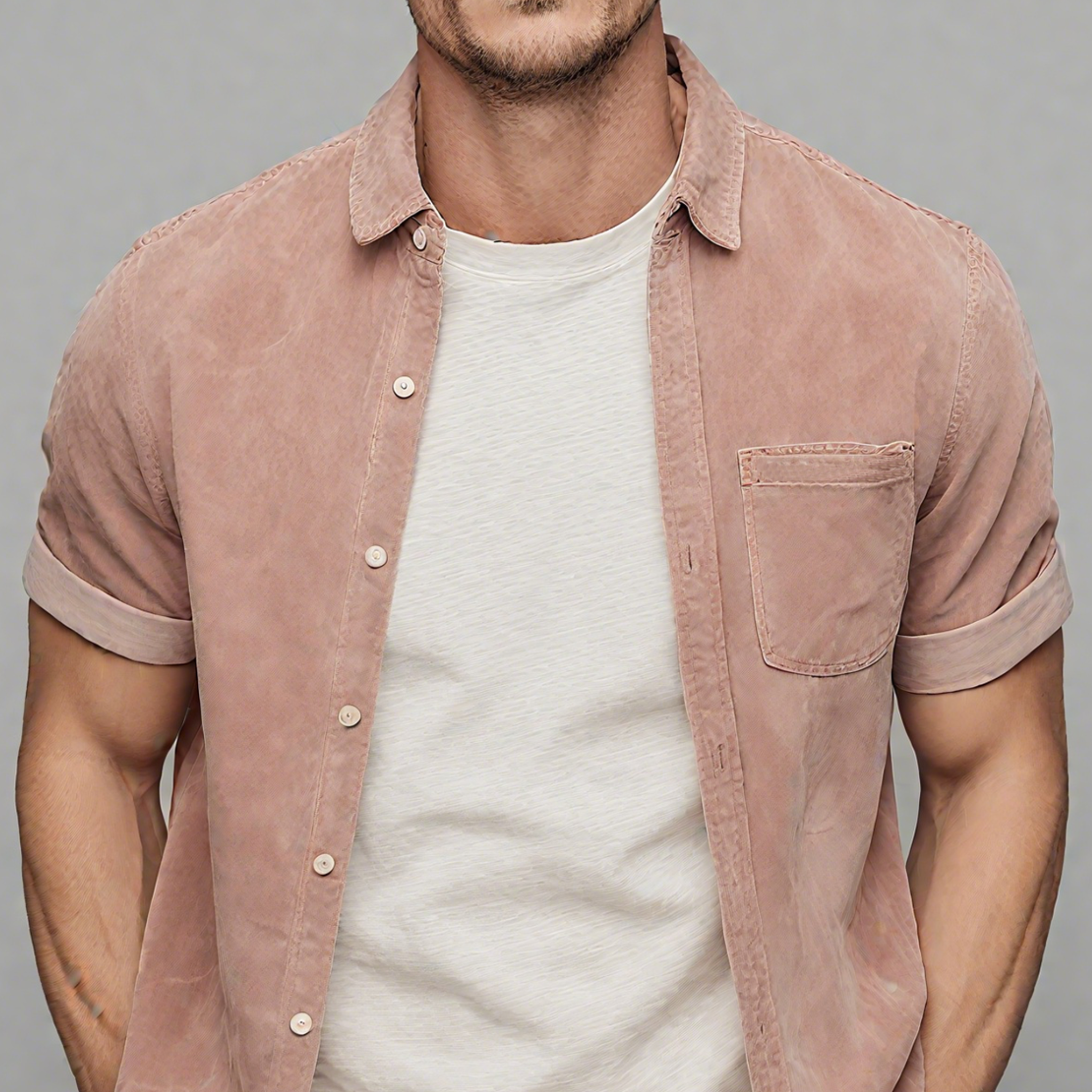 Men's Classic Casual Thin Suede Cuff Rolled Short Sleeve Shirt MTA1935G7K